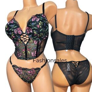 Victorias Secret Very Sexy Push Up Corset Top bra & String Cheeky Panty 34D / S